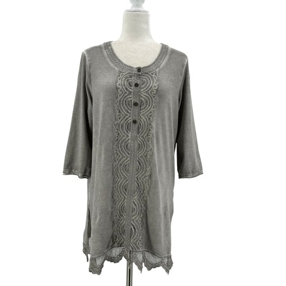 Gretty Zueger Womens Small Top Tunic Distressed Gray Lace Boho Hippie - Picture 1 of 7